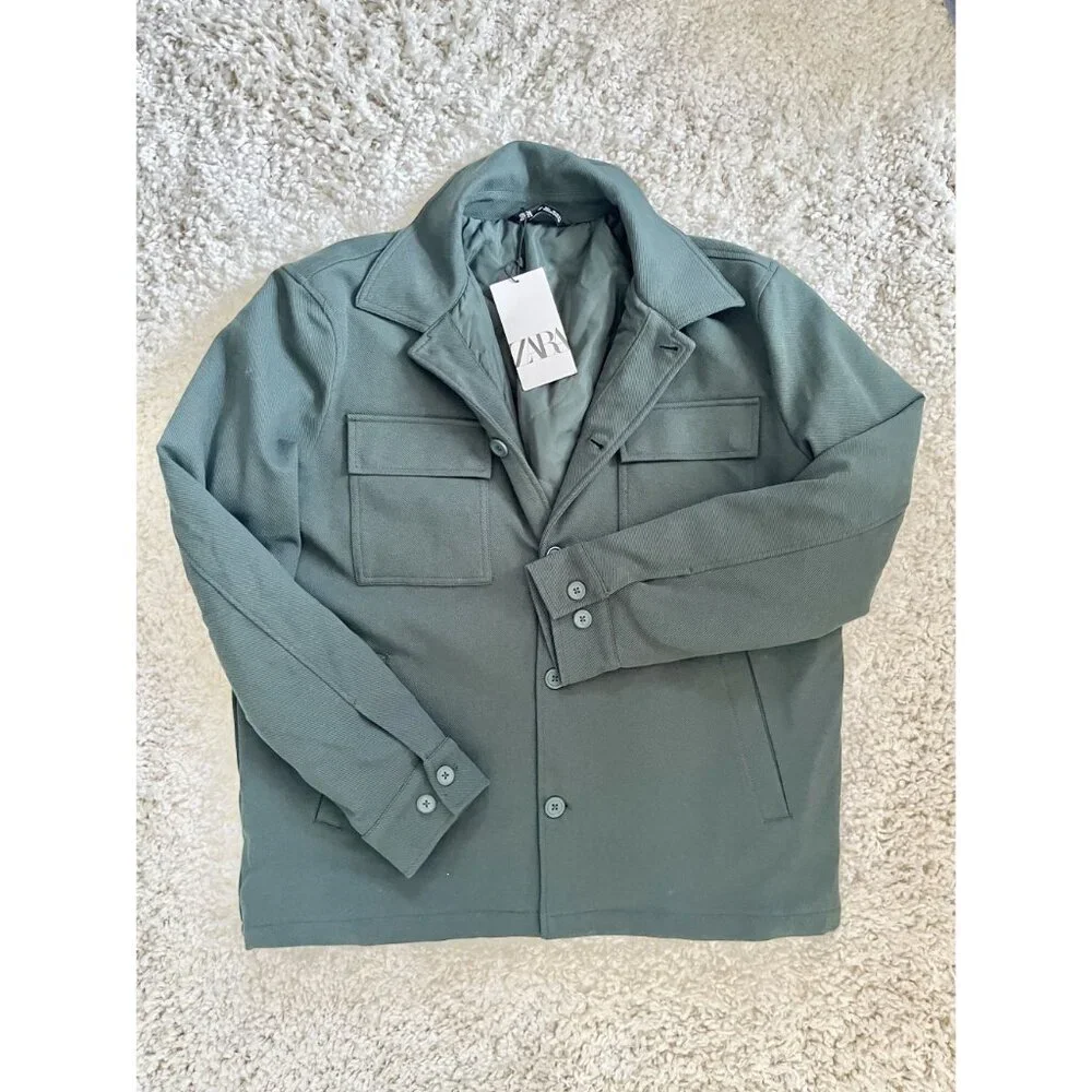 Zara NWT Mens Green Jacket With Front Pockets & Button Closure Size L - Picture 2 of 4